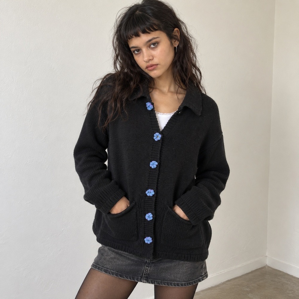 UNIF Womens Cardigan Small Black Floral Button Collared Knit Grunge Indie 90s